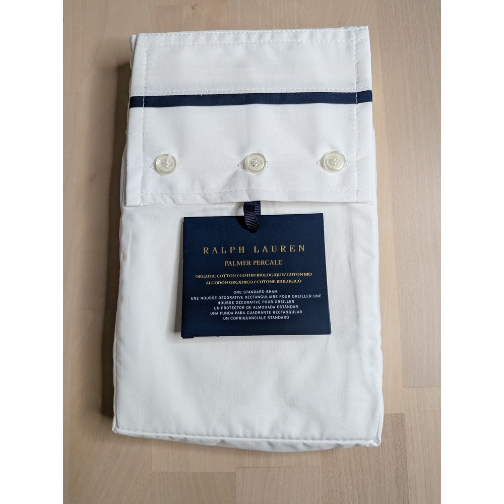 Ralph Lauren Palmer Percale Standard Sham White Polo Navy Organic Cotton NWT